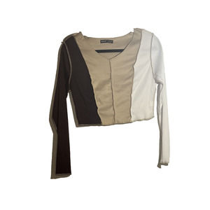 Shein Color Block Stitch Trim Crop Slim Top Brown Tan White Size Large
